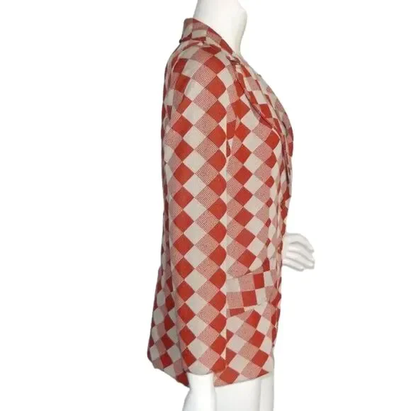 VINTAGE Blazer, M/L, Orange/Off-White Diamonds/Check, 2 buttons, Poly - Picture 6 of 12